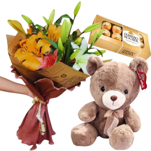 Ramo de flores liliums chocolates y peluche