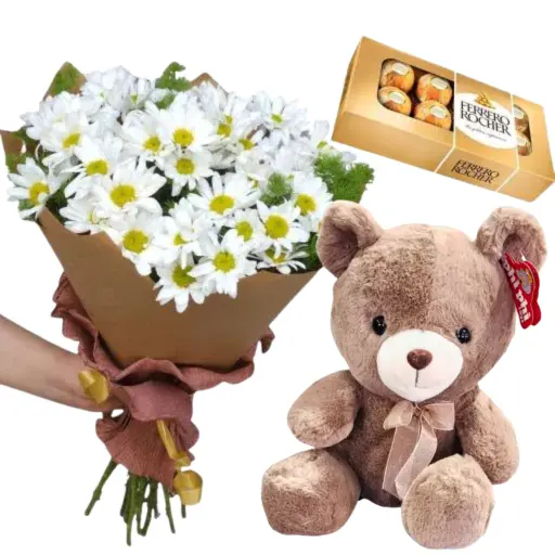 Ramo de flores margaritas blancas con chocolate y peluche