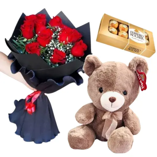 Ramo de 12 rosas rojas importadas chocolate y peluche