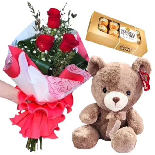 Ramo de 3 rosas rojas importadas con chocolate y peluche 