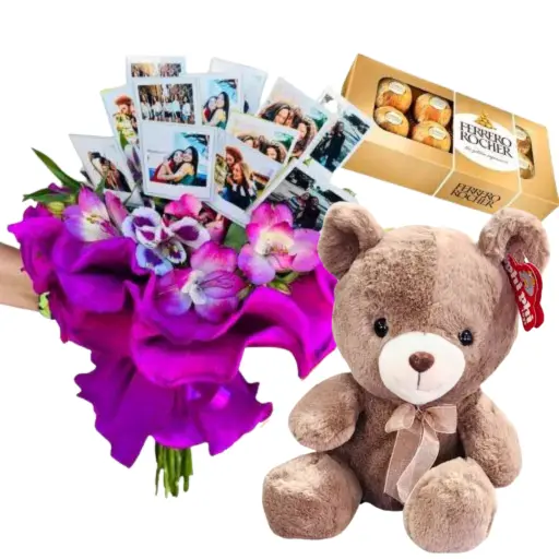 Ramo polaroid con bombones y peluche 