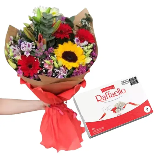 Ramo de flores de estacion holiday con bombones raffaello
