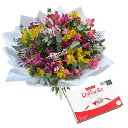 Ramo de flores astromelias extra grande con bombones raffaello