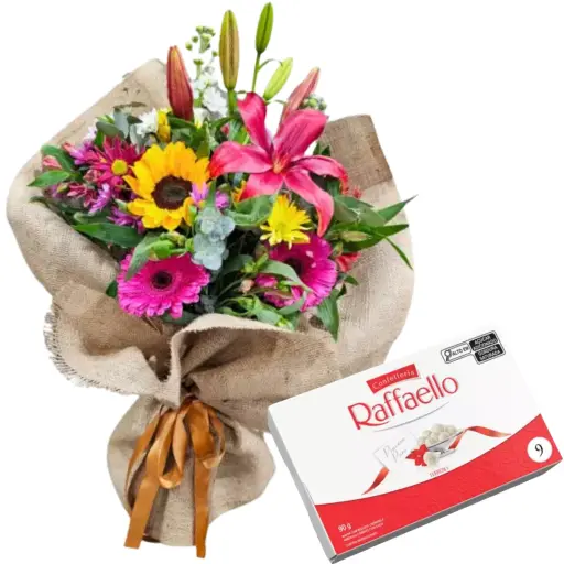 RAMO DE FLORES DE ESTACION ARPILLERA con bombones raffaello