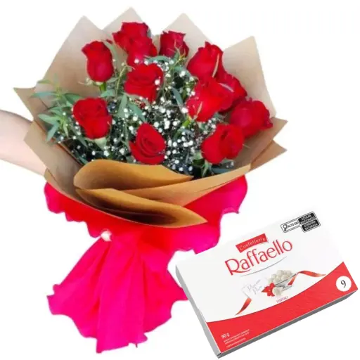 Ramo de 12 rosas rojas con bombones raffaello