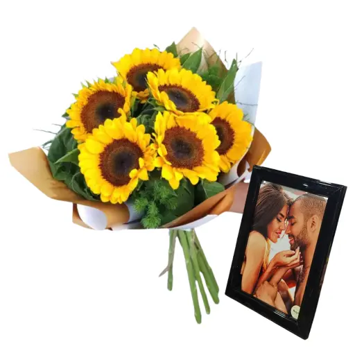 Ramo de 6 flores girasoles con papel coreano portaretrato y foto