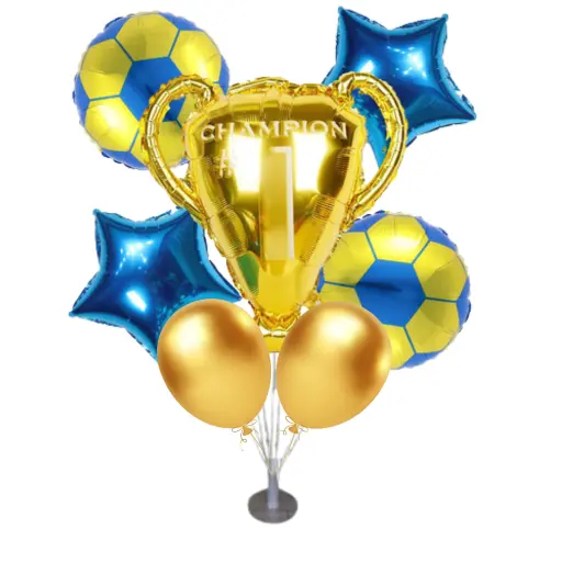 Set de globos de futbol azul y amarillo con aire