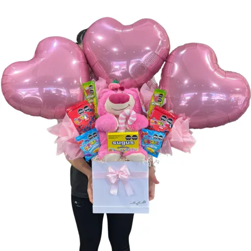 Box pink lotso globo corazon y gomitas
