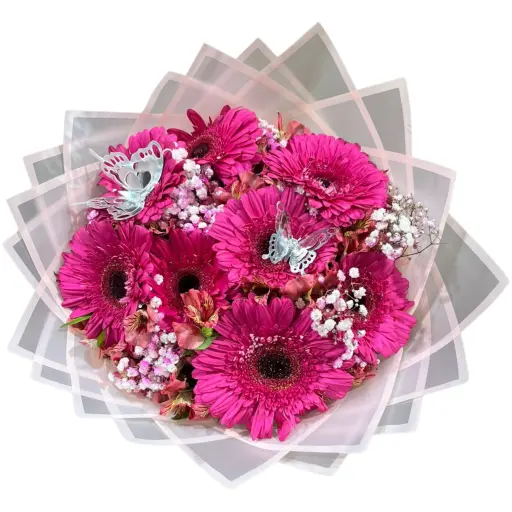 Ramo de flores gerberas y astromelias con papel coreano y maripo